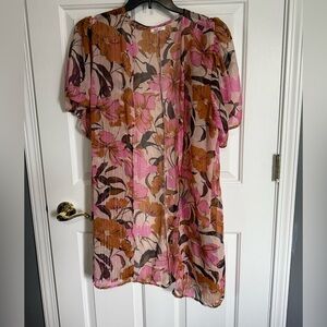 Maurices Pink and Brown Floral Silver Shimmer Puffy Sleeve Kimono